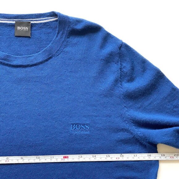 BOSS Hugo Boss 100% Wool Blue Crewneck Sweater Size S Soft Logo Preppy Classic - Picture 10 of 11